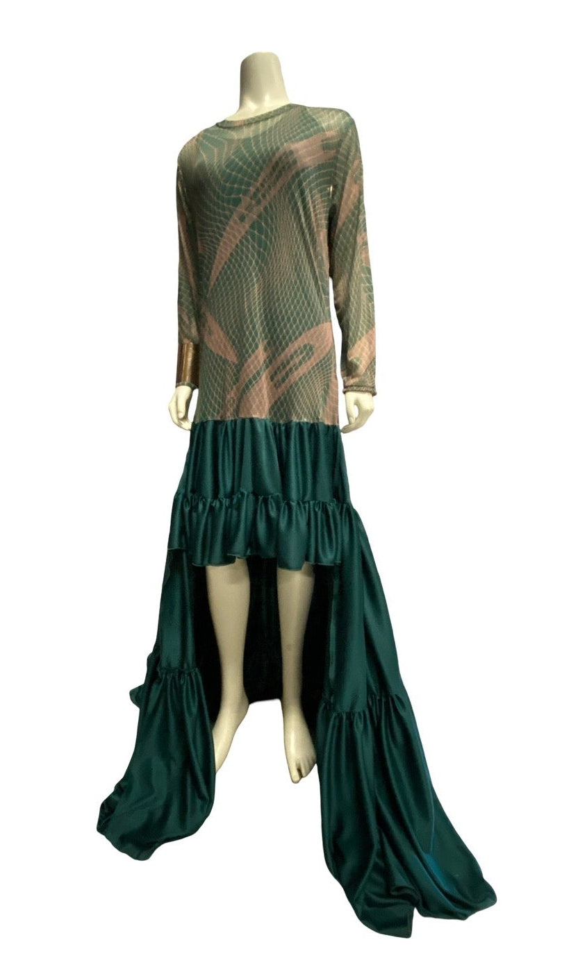 HIʻA, DROP WAIST TIERED DRESS, GREEN/TAN