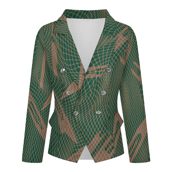 HIʻA, GREEN/TAN, WOMENʻS DOUBLE BREASTED BLAZER, MEDIUM